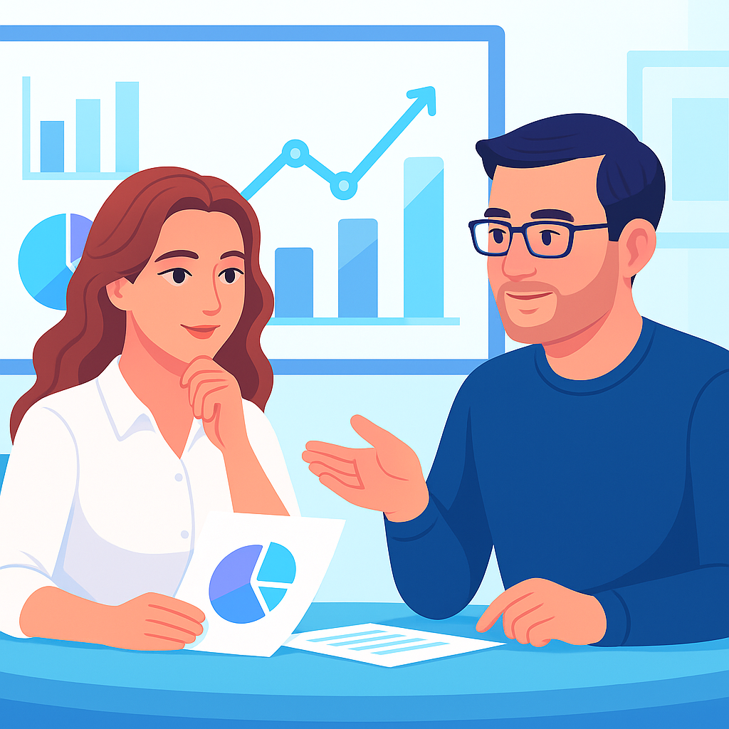 Alt text: "Custom AI development consultation showing data analytics and business metrics"