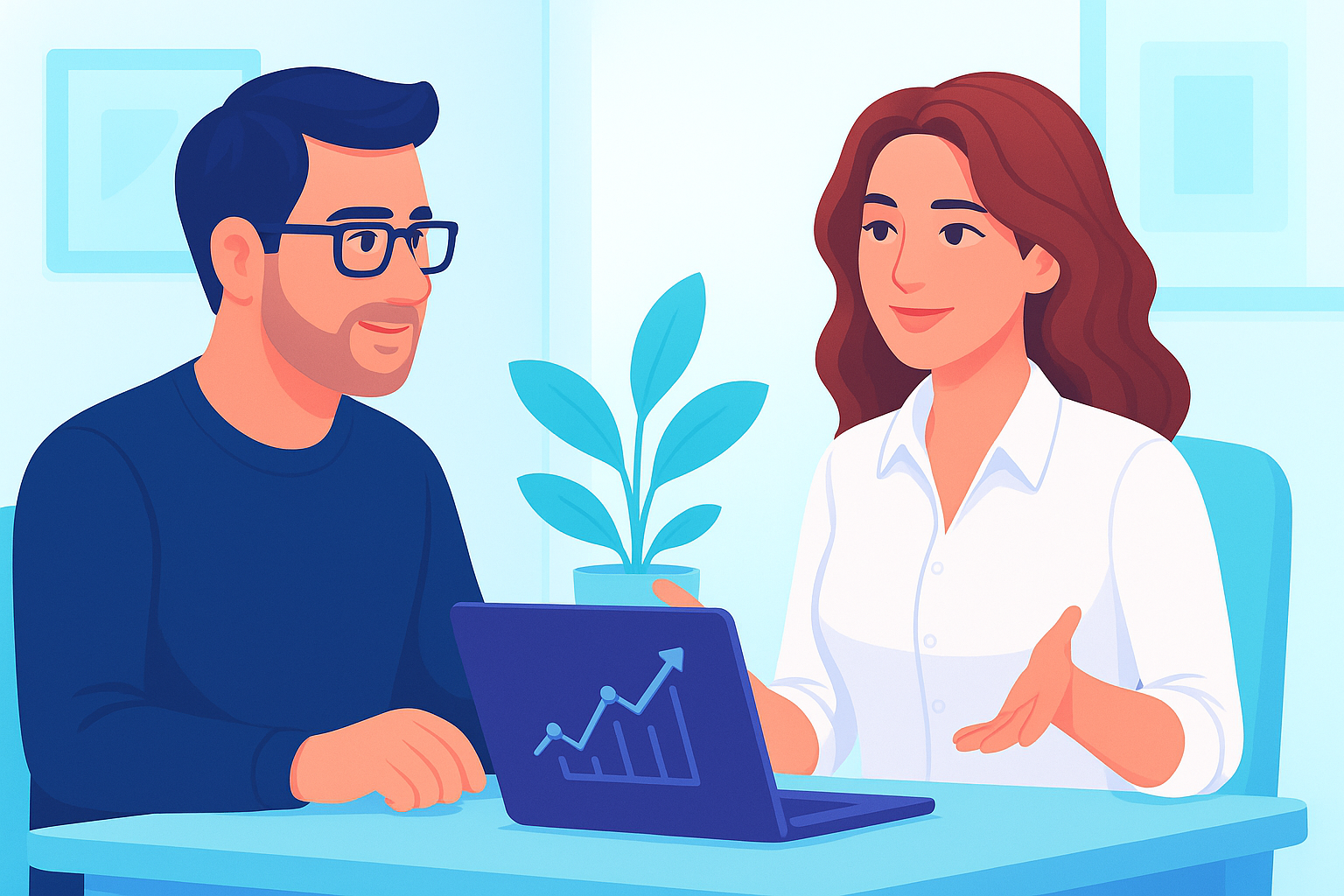 Alt text: "AI consulting meeting with growth chart showing business strategy discussion"